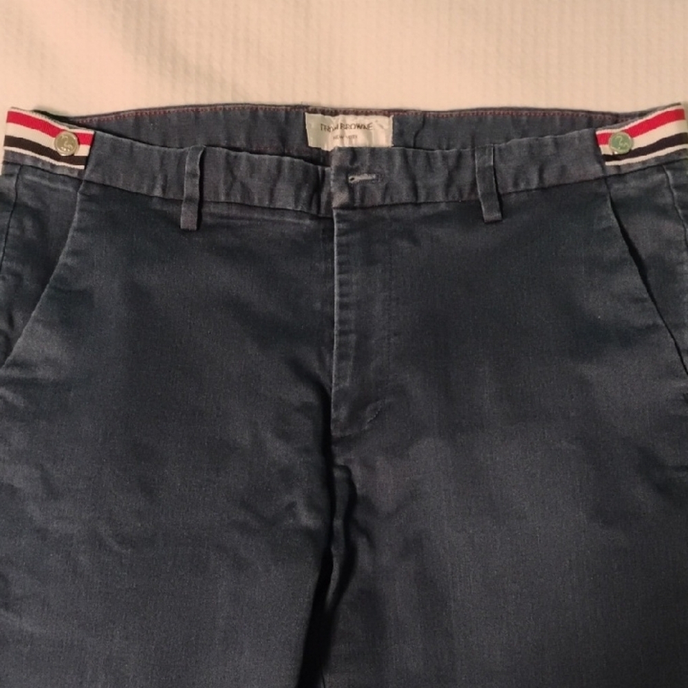Thom Browne Navy Blue Pants with Striped Waistband